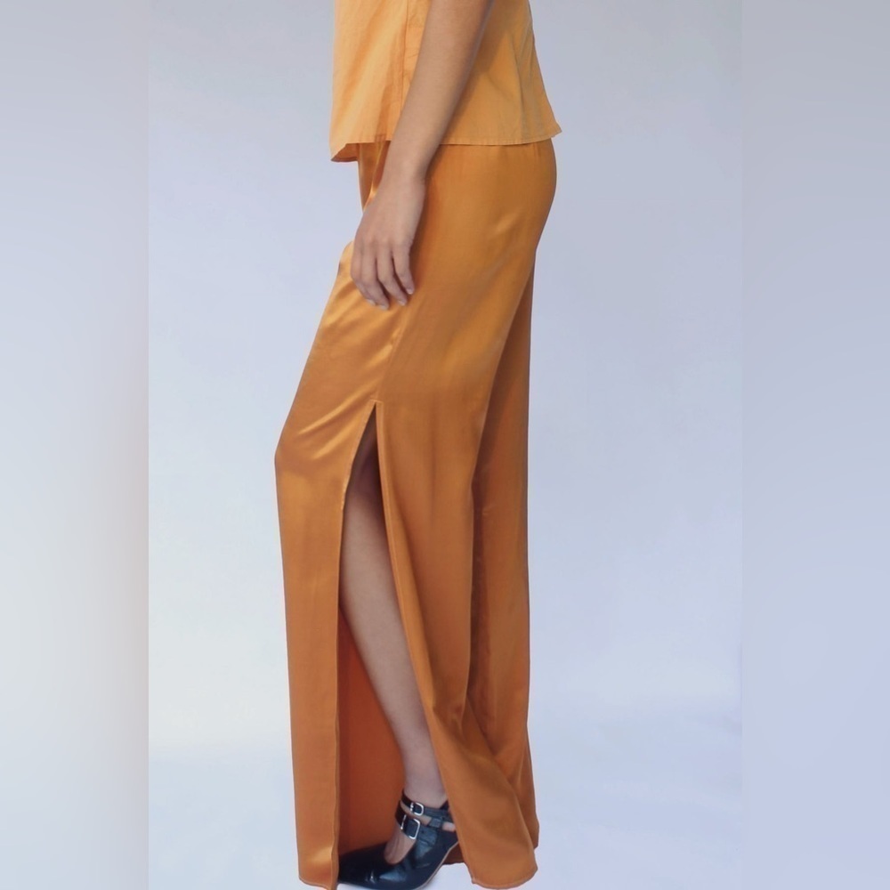 Stark x Silky Side Slit Pull On Elastic Stretch Stretch Waist Pants Gold Tan SML